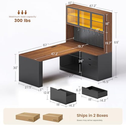 SEDETA L Shaped Computer Office Desk with 3 Wood Drawer and Large Bookshelf - color: Brown