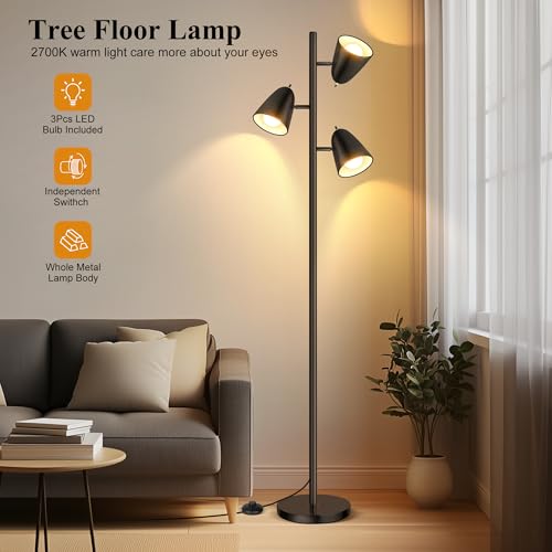 QiMH Tree Floor Lamp with 3 Light Bulbs, Standing Tall Pole Lamps for Living Room Bedroom Office, Reading Stand up Lamps with 3 Adjustable Arms, Black - color: Black