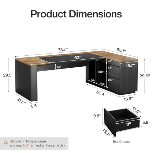 Tribesigns 78" L Shaped Executive Desk with Drawers, Large Office Computer Desk with Cabinet and Storage Shelves, Modern Business Furniture Sets Workstation for Home Office (Brown&Black) - color: Brown&black