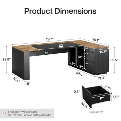 Tribesigns 78" L Shaped Executive Desk with Drawers, Large Office Computer Desk with Cabinet and Storage Shelves, Modern Business Furniture Sets Workstation for Home Office (Brown&Black) - color: Brown&black