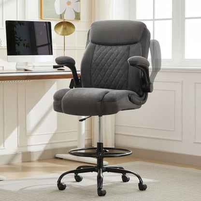 MAHOMICO Drafting Chair for Standing Desk – Tall Office Chair with Adjustable Height & Foot Ring, Flip-Up Arms, Lumbar Support – Comfortable Fabric Seat, Ideal Home Desk Chair - color: Grey