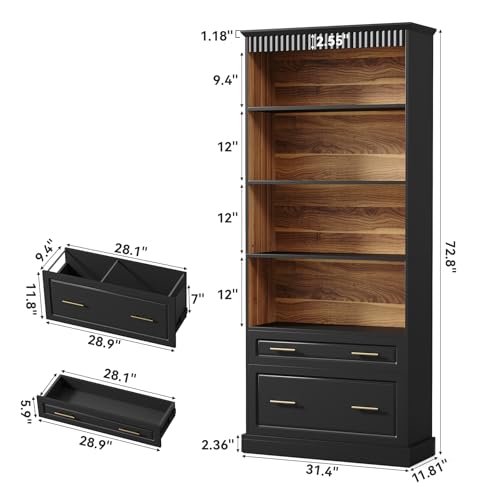 LITTLE TREE 72" Tall Black Bookcase with 2 Drawers, 5-Tier Bookshelf with File Cabinet Storage, Modern Freestanding Office Storage Bookcase for Living Room, Bedroom, Home Office - color: Black