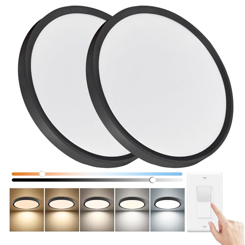 2PK 15.8Inch Dimmable Black LED Flush Mount Ceiling Light,32W,3480LM,5CCT | 2700K/3000K/4000K/5000K/6000K CCT, Black Close to Ceiling Round Flat Panel Light, Super Slim LED Ceiling Light for Bedroom - color: Dimmable - Black, size: 2PK