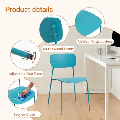Sidanli Armless Stacking Chairs, Blue, Set of 4 | Ergonomic Plastic Seat, Waterproof, with 2MM Thicken Metal Legs, for Conference Reception Dining Room, Easy to Stack - color: Blue