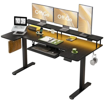 OffiGo 63 Inch U Shaped Electric Standing Desk with Keyboard Tray, Black - color: Black, size: 63 Inch