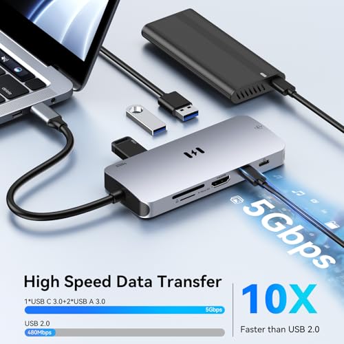 USB C Adapters for MacBook Pro/Air, Selore 9 in 1 USB C Hub with 4K HDMI, 3 * 5Gbps USB 3.1 GEN1 Port, 1Gbps Ethernet, 100W PD, 1*USB 2.0 dongle for Dell, HP and More | 4K@60Hz HDMI, 100W PD, 5Gbps USB-A&USB-C 3.1, Gigabit Ethernet, SD/microSD for MacBook