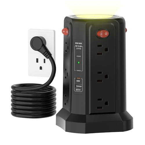 Tower Surge Protector Power Strip with PD 65W USB C Port | Desktop Charging Station with 12 Widely Spaced Outlets|4 USB C|1 USB A|Night Light,10FT Extension Cord for Home Office Dorm - color: Black-4C1A