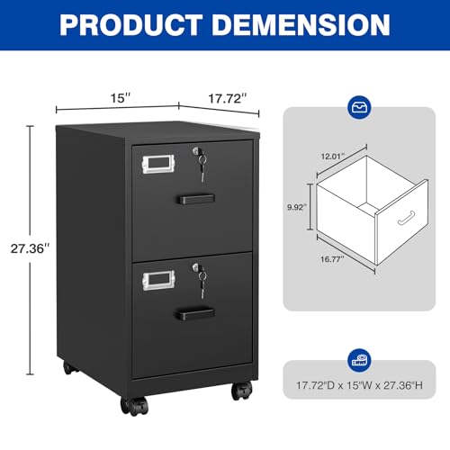 BYNSOE 2 Drawers File Cabinet with Lock Metal Vertical File Cabient with Wheels Mobile File Cabinet for Office Home Legal/Letter/a4 Size Require Assembly - color: Black, size: 27.36"H x 17.71"D x 15"W