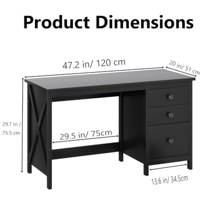 JSB 47.2 Inch Black Computer Desk with 3 Drawers for Home Office Bedroom - color: Black, size: 47.2in