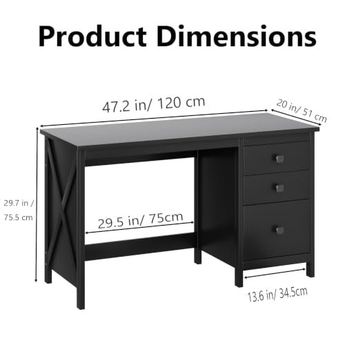 JSB 47.2 Inch Black Computer Desk with 3 Drawers for Home Office Bedroom - color: Black, size: 47.2in