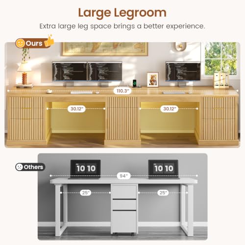 SEDETA Fluted 110.3" Two Person Desk with 7 Drawers for Office, Fluted Oak - color: Fluted Oak, size: 110.3" Two Person Desk