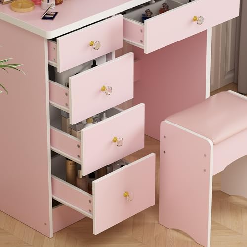 ECACAD Vanity Desk Set with Round Mirror, Makeup Dressing Table with 5 Drawers, Storage Shelves & Cushioned Stool for Bedroom, Pink - style: Pink-Without Light
