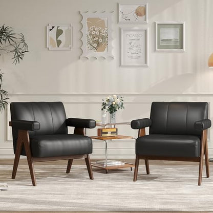 JIASTING Mid Century Modern Accent Chair Set of 2, Black Leather Armchair | JIASTING, Small, Comfy, Wood Arms, Living Room Bedroom, Office - color: Black