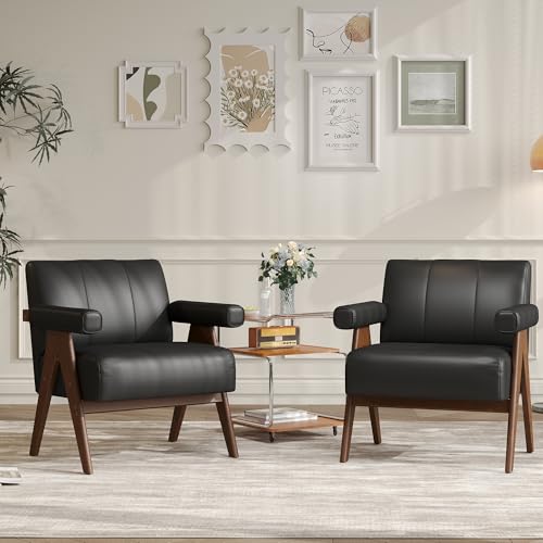 JIASTING Mid Century Modern Accent Chair Set of 2, Black Leather Armchair | JIASTING, Small, Comfy, Wood Arms, Living Room Bedroom, Office - color: Black