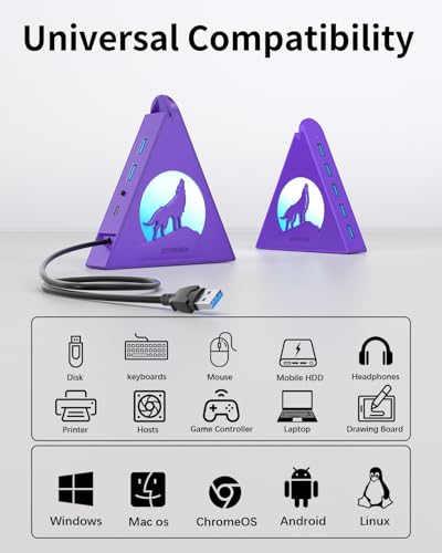 Deep Purple 7-Port USB 3.0 Hub, RGB Vertical Gaming USB Hub Tower with 5Gbps Data Transfer, 2FT Cable - USB Hub Splitter for PC, MacBook, Laptop, PS5, Flash Drives - color: Deep purple