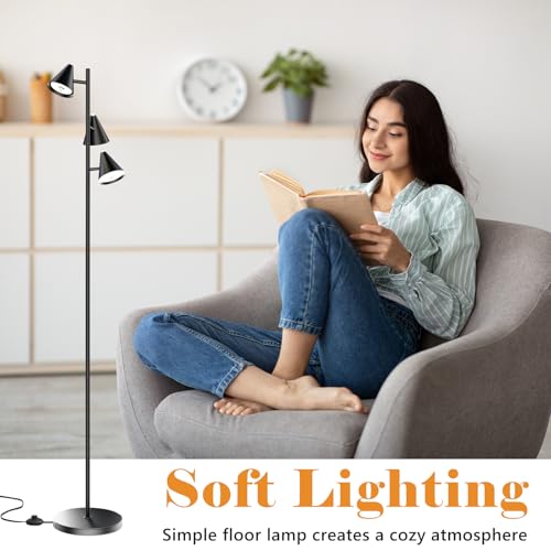 Black Floor Lamp for Office and Living Room, with 3 Rotatable LED Lights, Magnetic Remote, 5 Color Temp - color: Black