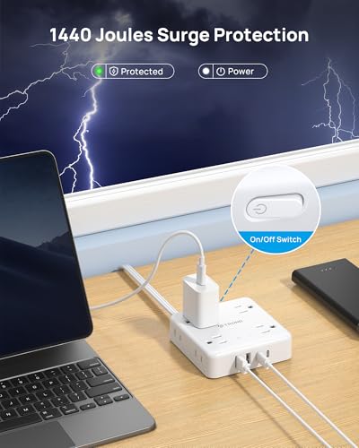 TROND 360° Rotating Flat Plug Power Strip 10ft, 8 AC & 4 USB (2U2C), White - color: White, size: 10FT, style: Rotating Plug-2U2C