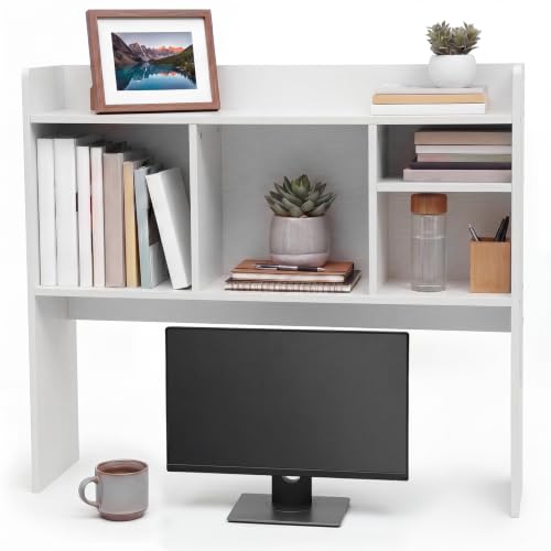 Vercraft Dorm Desk Hutch Wood Desktop Bookshelf with 6 Shelves 3 Tier Countertop Desk Shelf Top Only Organizer 32.4'' Multipurpose Display Rack for Computer Work for College Office Home(White) - color: White