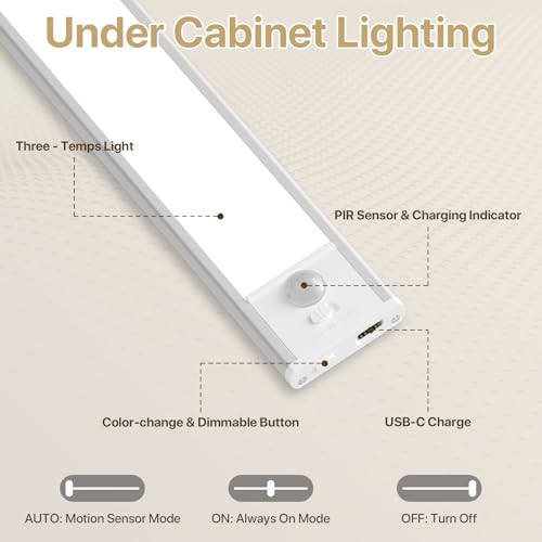 Rechargeable Under Cabinet Llighting Wireless Motion Sensor, 2 Pack | Magnetic 8 Inch Closet Lights Battery Operated 3 Color Dimmable, for Kitchen Counter Stairs