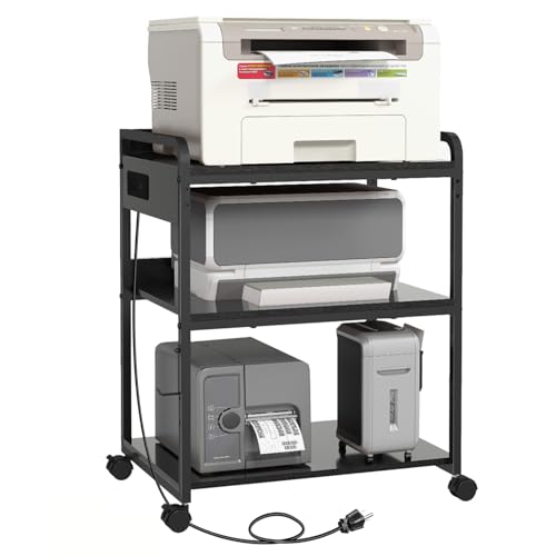 3-Tier Large Printer Stand with Power Outlet and Adjustable Storage Shelf | Printer Table for Home Office 25.2" x 18.9" Printer Cart with Wheels Rolling Cart for a CPU Tower or Shredder, Black - color: Black
