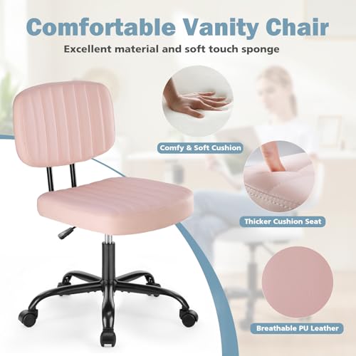 DUMOS Armless Home Office Chair: Small Desk Chair with Low Back Lumbar Support, Height Adjustable PU Leather Computer Task with 360° Swivel Wheels, for Adults, Pink - color: Pink