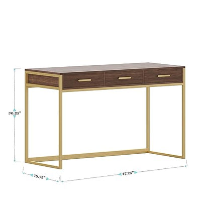 Martha Stewart Ollie Home Office Desk with 3 Drawers in Walnut Wood Grain with Polished Brass Hardware - color: Walnut Top/Polished Brass Frame