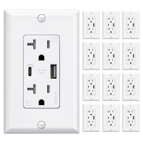 ELEGRP USB Wall Outlets 12 Pack, 20 Amp USB C Wall Outlets Receptacles, Outlets with USB A and USB C Ports, Tamper Resistant Receptacle, Wall Plate Included, UL Listed, White - color: White, size: 20 Amp Outlet
