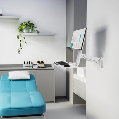 Mount-It! MedHub Wall-Mounted Medical Workstation | Height-adjustable monitor & keyboard arm with folding tray and sliding mouse pad for clinics, exam rooms & dental.