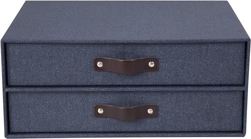 Bigso Birger 2-Drawer Canvas Fiberboard Easy Pull Handle Document Letter Box | Desktop Drawers for Loose Papers and Documents | Desktop Storage Drawers with Leather Handles | 13.1” x 10” x 5.7” | Blue - color: Blue