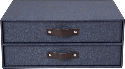 Bigso Birger 2-Drawer Canvas Fiberboard Easy Pull Handle Document Letter Box | Desktop Drawers for Loose Papers and Documents | Desktop Storage Drawers with Leather Handles | 13.1” x 10” x 5.7” | Blue - color: Blue
