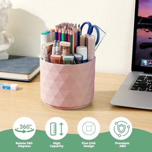 Desk Pencil Pen Holder, 5 Slots 360-Degree Rotating Desk Organizer, Diamond Pattern Desktop Storage Stationery Supplies Organizer, Cute Desk Accessories for Office, School, Home, Art Supply (Pink)