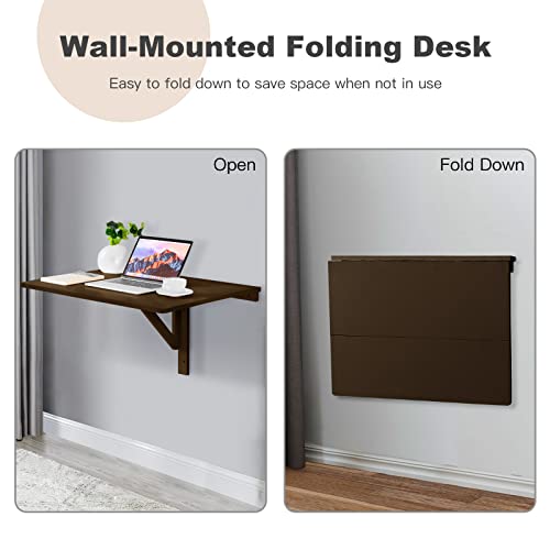 COSTWAY Wall Mounted Folding Table, 31.5" x 23.5" Drop-Leaf Floating Writing Desk for Small Spaces, Space-Saving Fold Down Laptop Workstation for Kitchen, Bedroom, Laundry Room, Study Room (Brown) - color: Brown