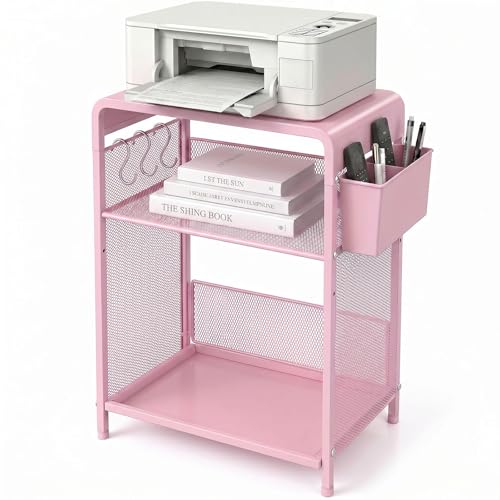 ECOLOVI Small 3 Tier Printer Stand for Under Desk, Height Adjustable Shelf Printer Table with 3 S-Hooks & Basket, Heavy Duty Industrial Storage Shelf for Home Office (Pink) - color: Pink