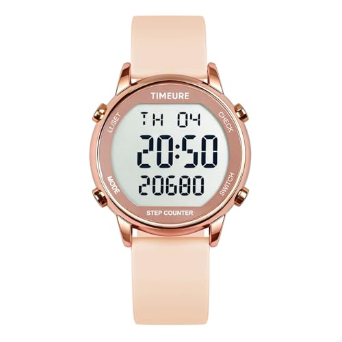 TIMEURE Pedometer Watch for Women Step Counter for Walking No App TU-2509 | No app or charging required; tracks steps, calories and distance with a large display, 30M water resistance and silicone band - color: pink