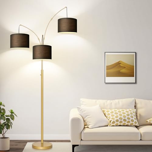 Dimmable Floor Lamp, 3 Lights Gold Arc Floor Lamp, Modern Tall Standing Tree Lamp with Black Linen Shades & Heavy Base, 3000LM LED Bulbs, Bright Lighting for Living Room, Bedroom, Office & Reading - color: Gold-Black Shade
