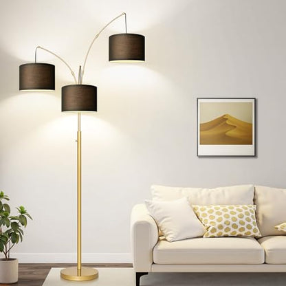 Dimmable Floor Lamp, 3 Lights Gold Arc Floor Lamp, Modern Tall Standing Tree Lamp with Black Linen Shades & Heavy Base, 3000LM LED Bulbs, Bright Lighting for Living Room, Bedroom, Office & Reading - color: Gold-Black Shade