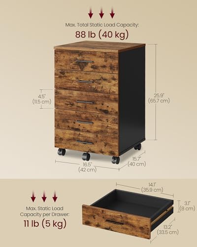 VASAGLE CUSTOS Collection - File Cabinet, Mobile Pedestal Filing Cabinet with Wheels, Printer Stand with 5 Drawers, Tool-Free Sliding Rails, for Study, Home Office, Rustic Brown UOFC081KD01S - color: Rustic Brown + Ink Black