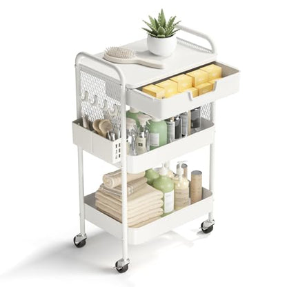 3 Tier Rolling Cart with Drawer, Metal Rolling Utility Cart on Wheels with Pegboard, Art Cart Storage Organizer with Tabletop for Living Room, Office, Bedroom (White) - color: White