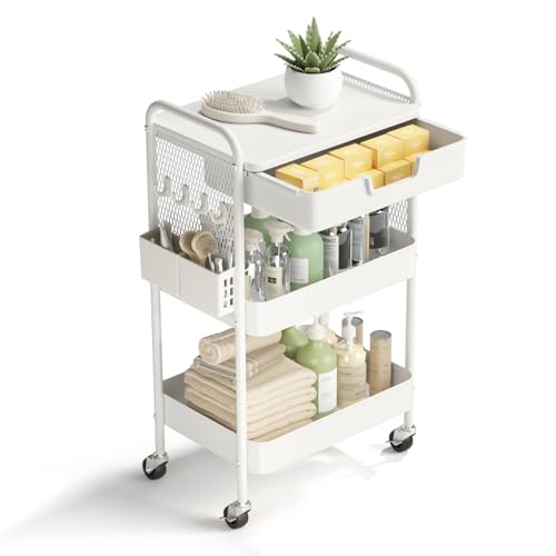 3 Tier Rolling Cart with Drawer, Metal Rolling Utility Cart on Wheels with Pegboard, Art Cart Storage Organizer with Tabletop for Living Room, Office, Bedroom (White) - color: White