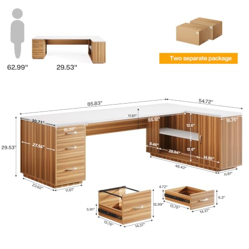 Tribesigns 86" L-Shaped Executive Office Desk, Extra Large Home Office Desk - color: White&walnut