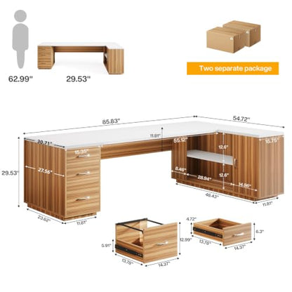 Tribesigns 86" L-Shaped Executive Office Desk, Extra Large Home Office Desk - color: White&walnut