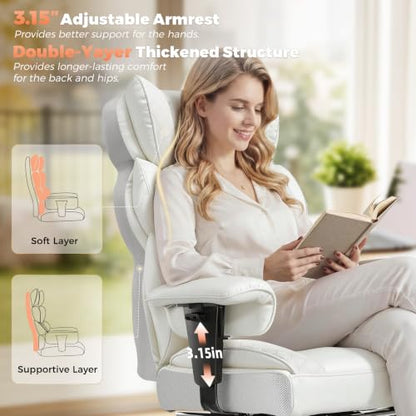 COMHOMA Big and Tall Office Chair with Upgrade Footrest, Heavy Duty Gaming Chair High Back Executive Chair with Spring Lumbar Support for Lower Back Pain Relief, 150°Reclining Adjustable Armrests - color: White
