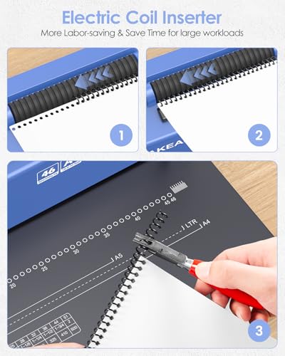 MAKEASY Spiral Binding Machine, 4:1 Pitch, 12 Sheets Punch Capacity, Electric Coil Insert, Book Binder Machine for A4/A5/Letter Size Paper, Comes with 100 pcs 5/16'' Coils & Pliers - color: Blue