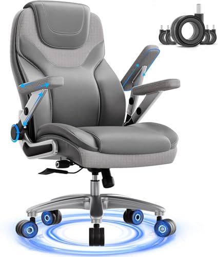 Big and Tall Office Chair with 5D Arms, Fabric & PU Leather Heavy Duty Desk Chair, Adjustable Lumbar Support & Height, Tilt Function, High Back Ergonomic Executive Computer Chair - color: Grey
