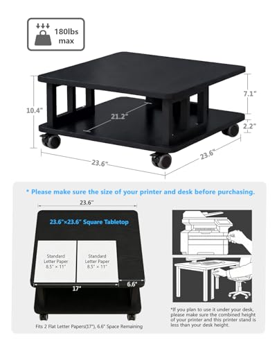Mobile Printer Stand, 2-Tier Large Printer Shelf for Laser 3D Printer Office Machine with Storage, 23.6"x23.6" Wood Printer Cart Under Desk Rack with Wheels for Office Home Kitchen (Black) - color: Black