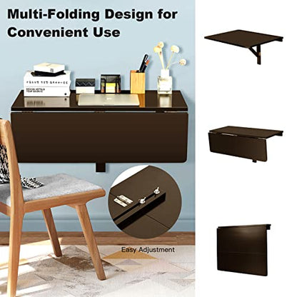 COSTWAY Wall Mounted Folding Table, 31.5" x 23.5" Drop-Leaf Floating Writing Desk for Small Spaces, Space-Saving Fold Down Laptop Workstation for Kitchen, Bedroom, Laundry Room, Study Room (Brown) - color: Brown