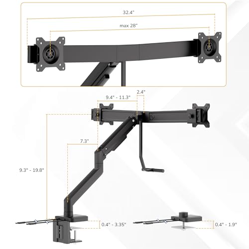 Mount-It! Dual Monitor Mount with Crossbar, Gas Spring Desk Mount for 2 Monitors 17–32", Holds 19.8 lbs Each, Full Motion Tilt Swivel Rotate, VESA 75x75 100x100, USB 3.0 & USB-C, Clamp or Grommet