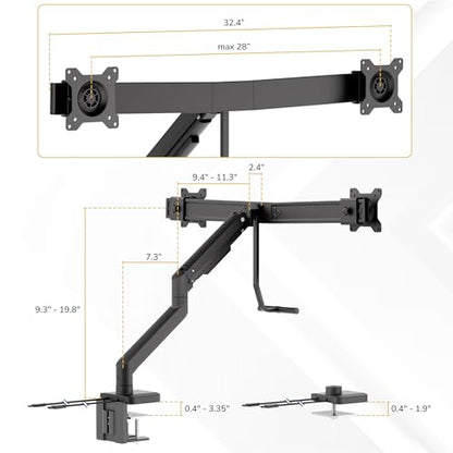 Mount-It! Dual Monitor Mount with Crossbar, Gas Spring Desk Mount for 2 Monitors 17–32", Holds 19.8 lbs Each, Full Motion Tilt Swivel Rotate, VESA 75x75 100x100, USB 3.0 & USB-C, Clamp or Grommet