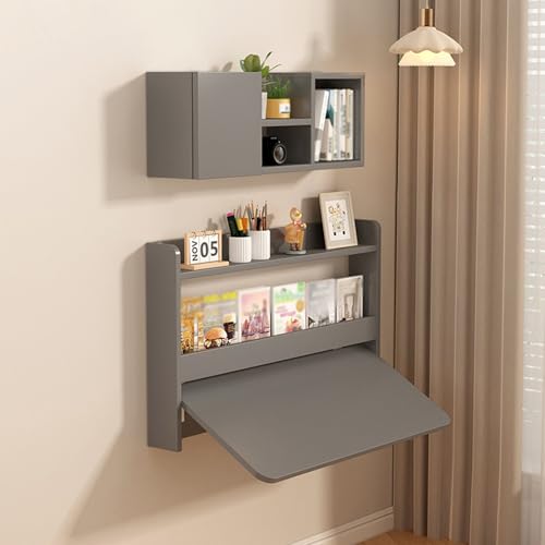 Wall Mounted Folding Table with Booksheves,Floating Desk with Bookcase,Wooden Fold Down Laptop Table for Small Space,Home Office, Bedroom,Study Room,Dorm,Grey - color: Grey