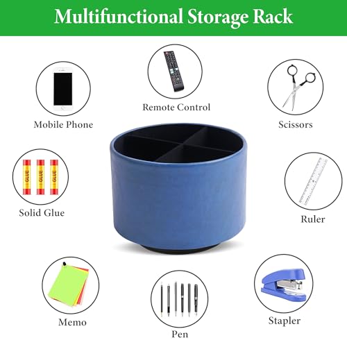 Round Leather Art Supply Organizer,Remote Control Holder,360 Degree Spinning,Multi-Functional Pencil Holder,4 Compartments Desktop Stationary Organizer(1-Oil Blue2) - color: 1-Oil Blue2